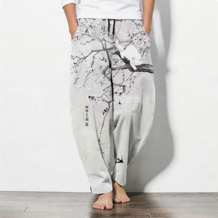 Buddha Stones Pantalon fuselé pour homme en pur coton, motif chat prune, cordon de serrage et poches - Gris clair - US/UK/AU50，EU60 (5XL) - image 0