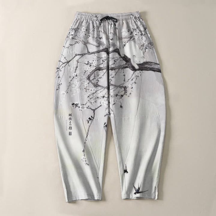 Buddha Stones Pantalon fuselé pour homme en pur coton, motif chat prune, cordon de serrage et poches - image 2