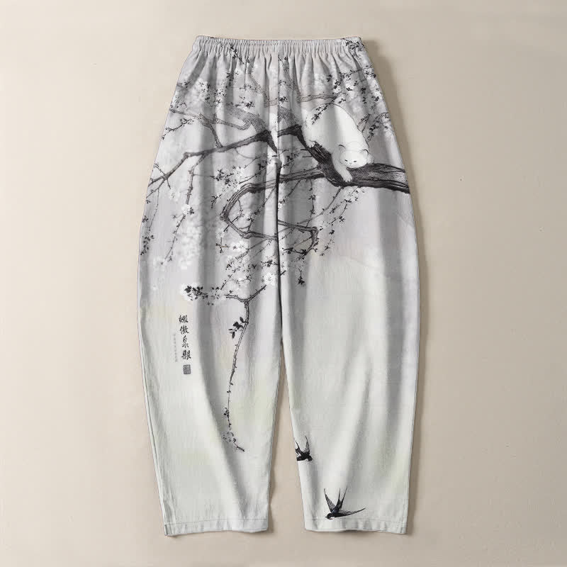 Buddha Stones Pantalon fuselé pour homme en pur coton, motif chat prune, cordon de serrage et poches - image 3