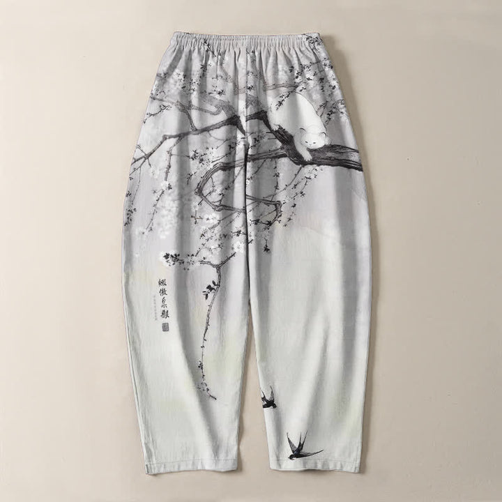 Buddha Stones Pantalon fuselé pour homme en pur coton, motif chat prune, cordon de serrage et poches - image 3