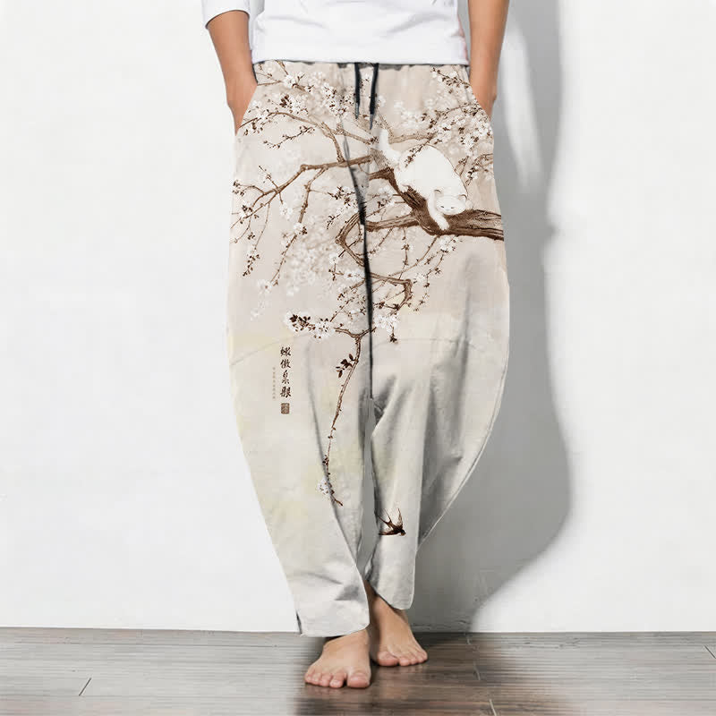 Buddha Stones Pantalon fuselé pour homme en pur coton, motif chat prune, cordon de serrage et poches - soie de maïs - US/UK/AU50，EU60 (5XL) - image 7