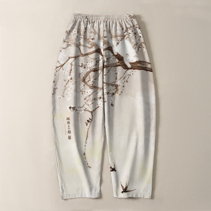 Buddha Stones Pantalon fuselé pour homme en pur coton, motif chat prune, cordon de serrage et poches - image 10