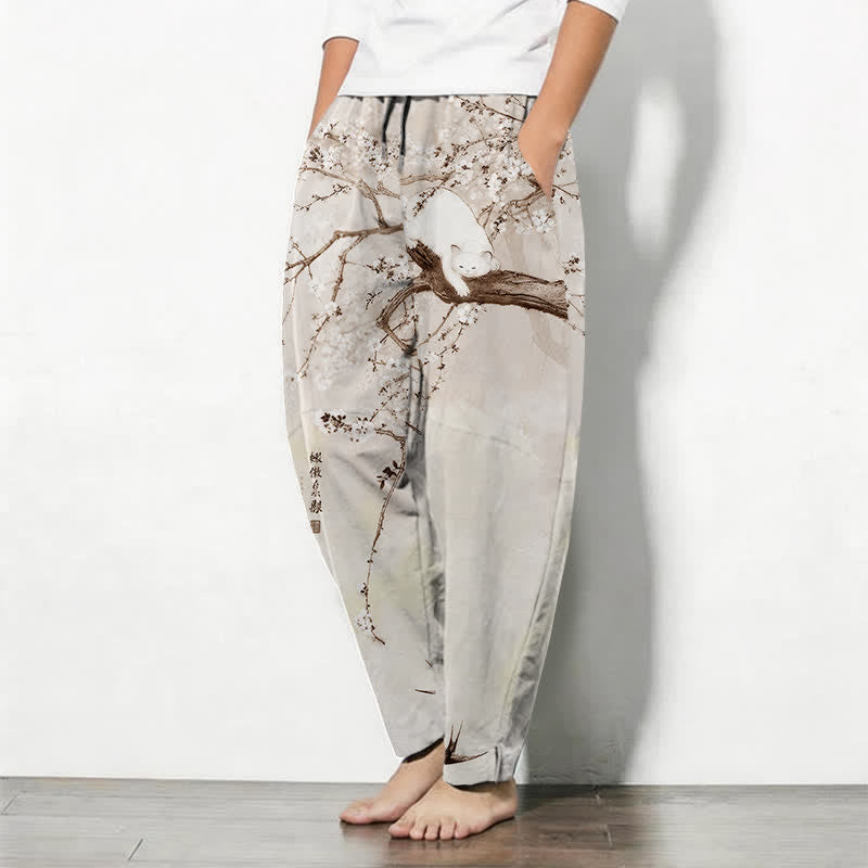 Buddha Stones Pantalon fuselé pour homme en pur coton, motif chat prune, cordon de serrage et poches - image 8