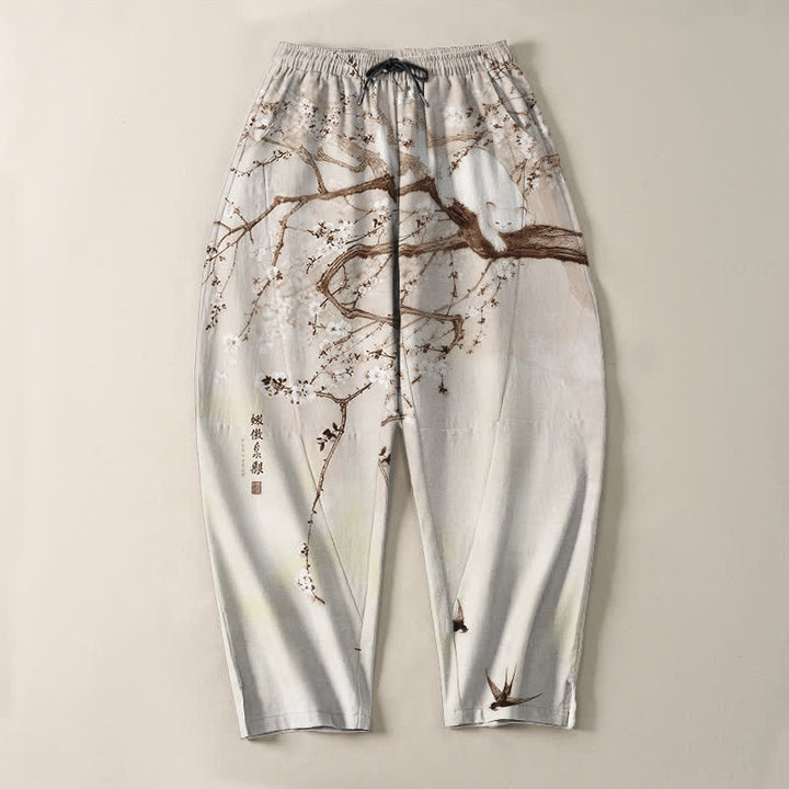 Buddha Stones Pantalon fuselé pour homme en pur coton, motif chat prune, cordon de serrage et poches - image 9
