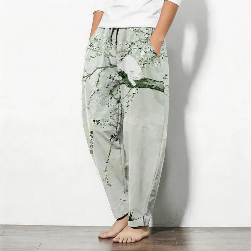 Buddha Stones Pantalon fuselé pour homme en pur coton, motif chat prune, cordon de serrage et poches - image 12