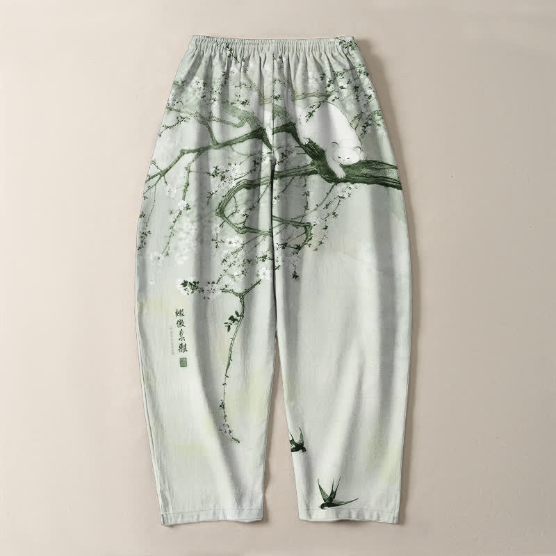 Buddha Stones Pantalon fuselé pour homme en pur coton, motif chat prune, cordon de serrage et poches - image 14