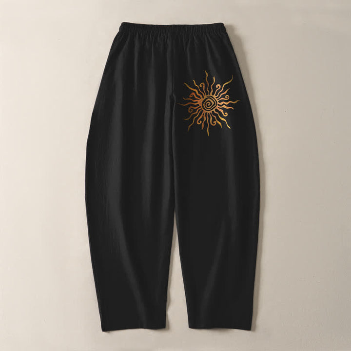 Buddha Stones Pantalon fuselé pour homme en pur coton, motif spirale soleil doré, cordon de serrage et poches - image 3