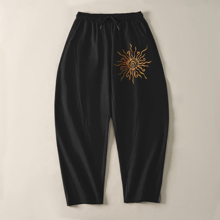 Buddha Stones Pantalon fuselé pour homme en pur coton, motif spirale soleil doré, cordon de serrage et poches - image 2