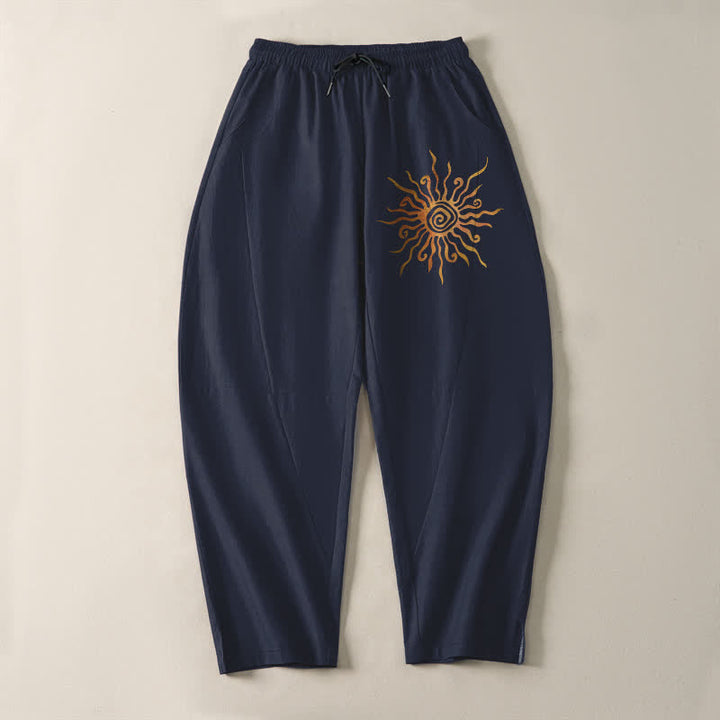 Buddha Stones Pantalon fuselé pour homme en pur coton, motif spirale soleil doré, cordon de serrage et poches - image 9