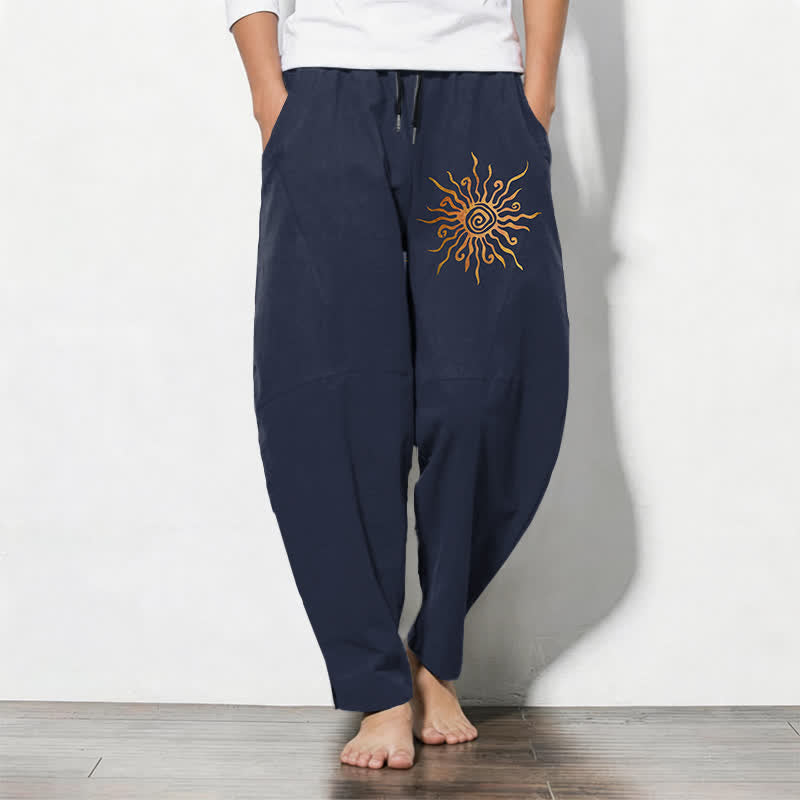 Buddha Stones Pantalon fuselé pour homme en pur coton, motif spirale soleil doré, cordon de serrage et poches - Marine - US/UK/AU50，EU60 (5XL) - image 7
