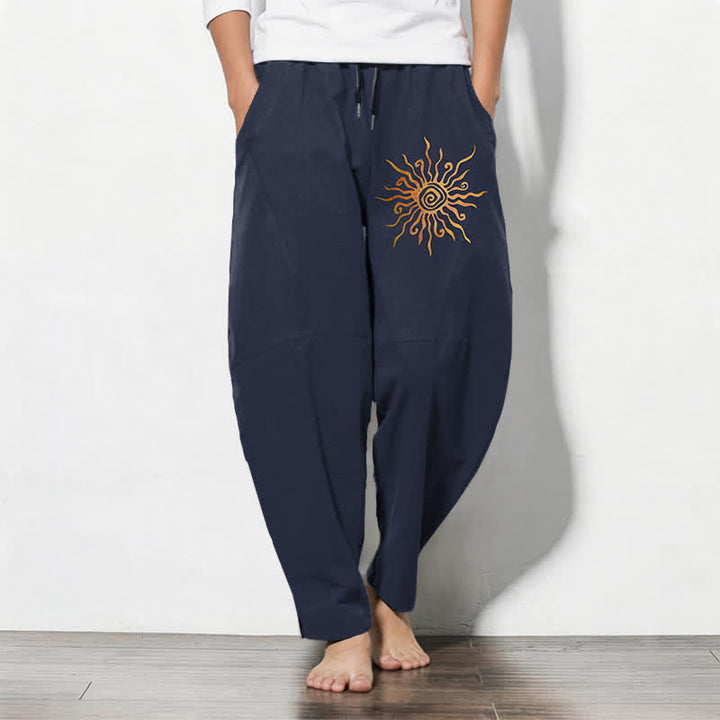 Buddha Stones Pantalon fuselé pour homme en pur coton, motif spirale soleil doré, cordon de serrage et poches - Marine - US/UK/AU50，EU60 (5XL) - image 7