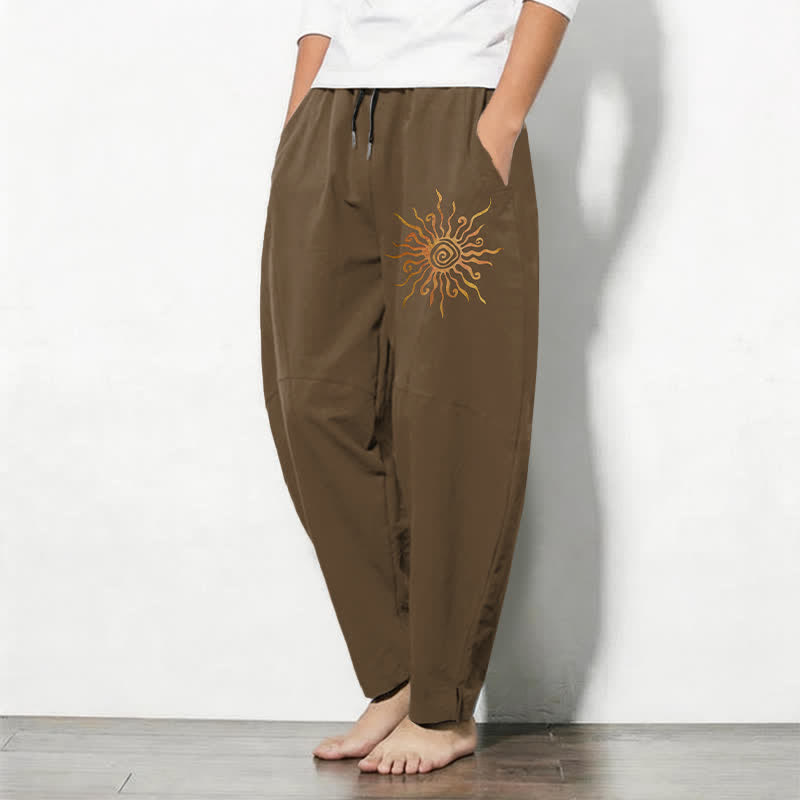 Buddha Stones Pantalon fuselé pour homme en pur coton, motif spirale soleil doré, cordon de serrage et poches - image 12