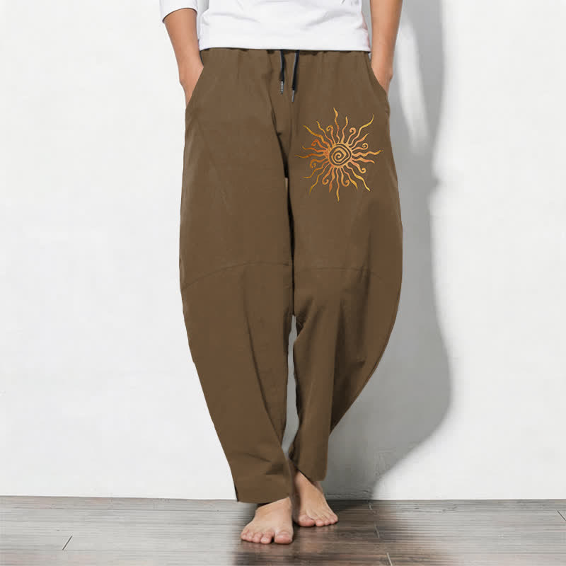 Buddha Stones Pantalon fuselé pour homme en pur coton, motif spirale soleil doré, cordon de serrage et poches - Pérou - US/UK/AU50，EU60 (5XL) - image 11