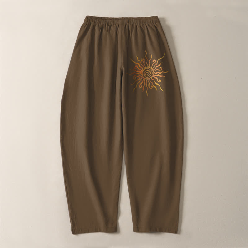 Buddha Stones Pantalon fuselé pour homme en pur coton, motif spirale soleil doré, cordon de serrage et poches - image 14