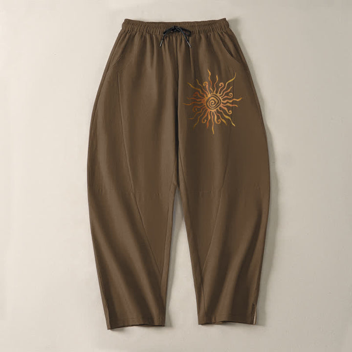 Buddha Stones Pantalon fuselé pour homme en pur coton, motif spirale soleil doré, cordon de serrage et poches - image 13