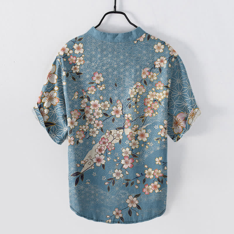 Buddha Stones Chemise homme à manches courtes et demi-boutons, motif géométrique de fleurs de cerisier en coton - image 1