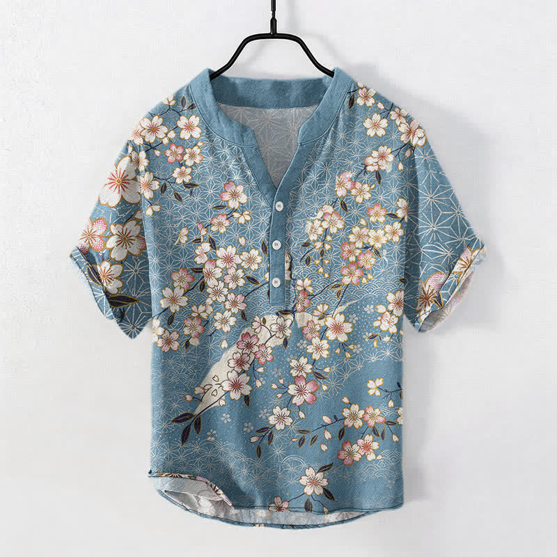 Buddha Stones Chemise homme à manches courtes et demi-boutons, motif géométrique de fleurs de cerisier en coton - Bleu ciel clair - US/UK/AU50，EU60 (5XL) - image 0