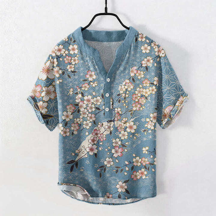 Buddha Stones Chemise homme à manches courtes et demi-boutons, motif géométrique de fleurs de cerisier en coton - Bleu ciel clair - US/UK/AU50，EU60 (5XL) - image 0