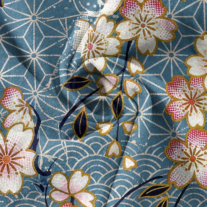 Buddha Stones Chemise homme à manches courtes et demi-boutons, motif géométrique de fleurs de cerisier en coton - image 4