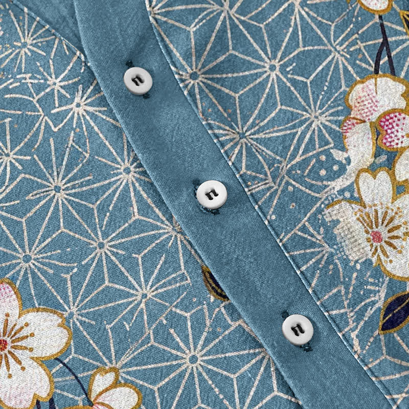 Buddha Stones Chemise homme à manches courtes et demi-boutons, motif géométrique de fleurs de cerisier en coton - image 3