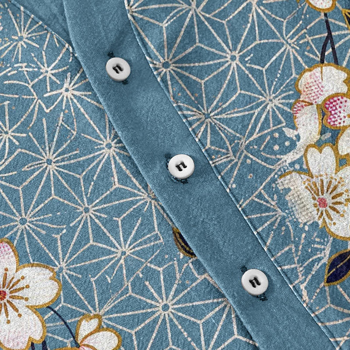 Buddha Stones Chemise homme à manches courtes et demi-boutons, motif géométrique de fleurs de cerisier en coton - image 3