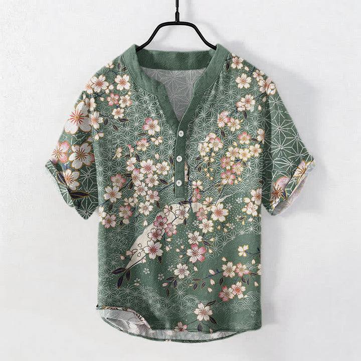 Buddha Stones Chemise homme à manches courtes et demi-boutons, motif géométrique de fleurs de cerisier en coton - Vert mer moyen - US/UK/AU50，EU60 (5XL) - image 5