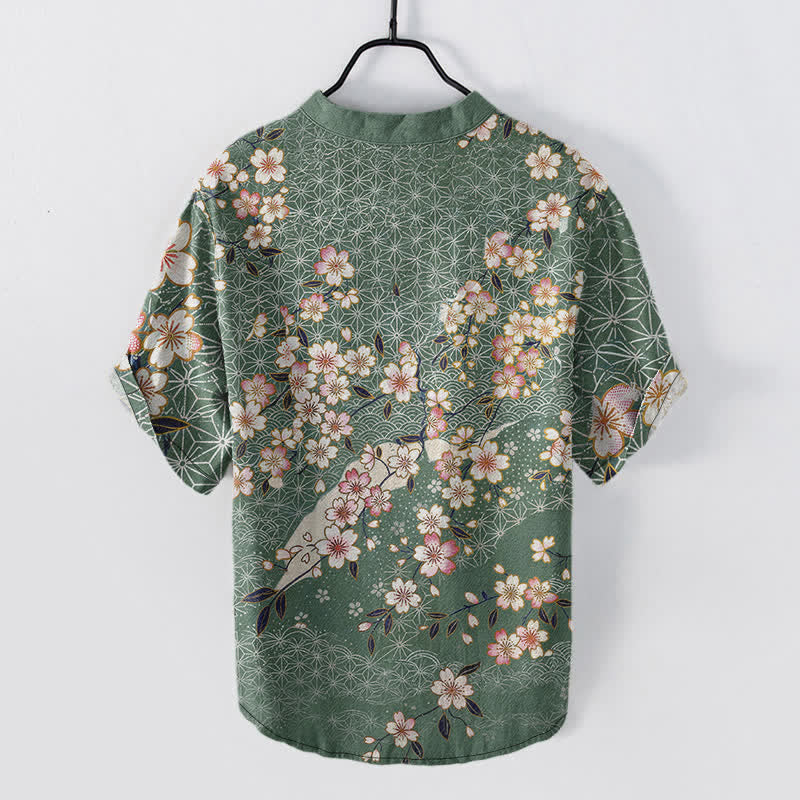 Buddha Stones Chemise homme à manches courtes et demi-boutons, motif géométrique de fleurs de cerisier en coton - image 6