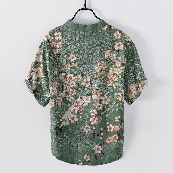 Buddha Stones Chemise homme à manches courtes et demi-boutons, motif géométrique de fleurs de cerisier en coton - image 6