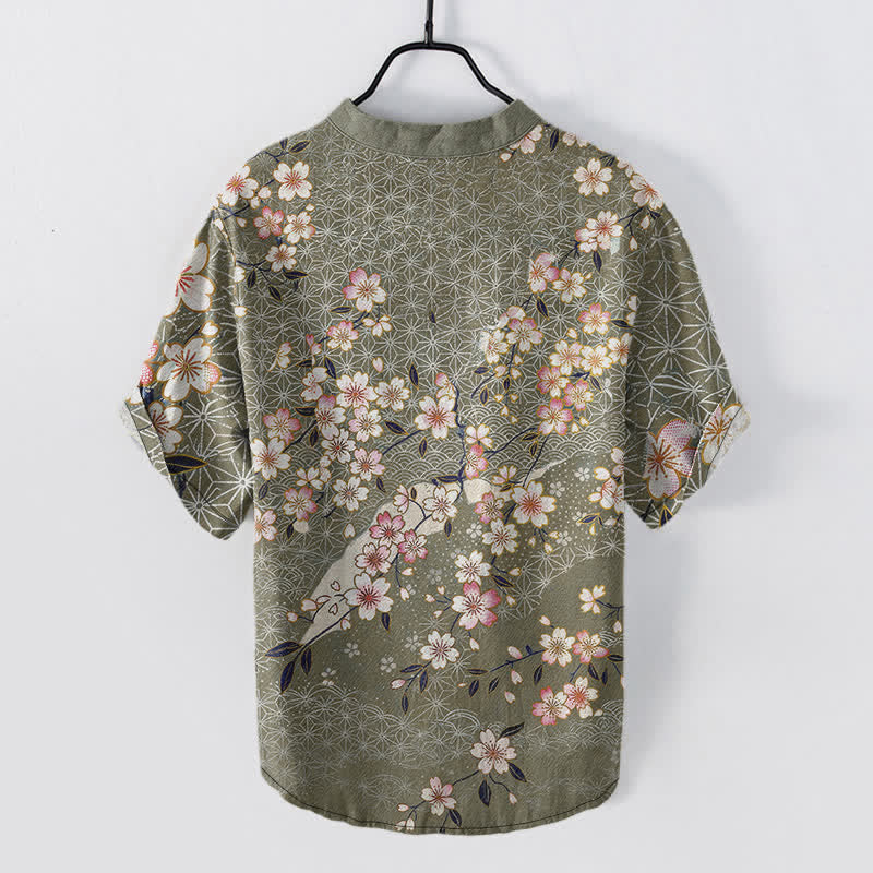 Buddha Stones Chemise homme à manches courtes et demi-boutons, motif géométrique de fleurs de cerisier en coton - image 8