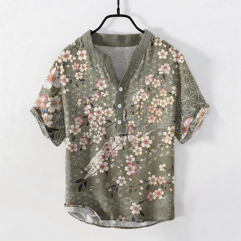 Buddha Stones Chemise homme à manches courtes et demi-boutons, motif géométrique de fleurs de cerisier en coton - Vert foncé - US/UK/AU50，EU60 (5XL) - image 7