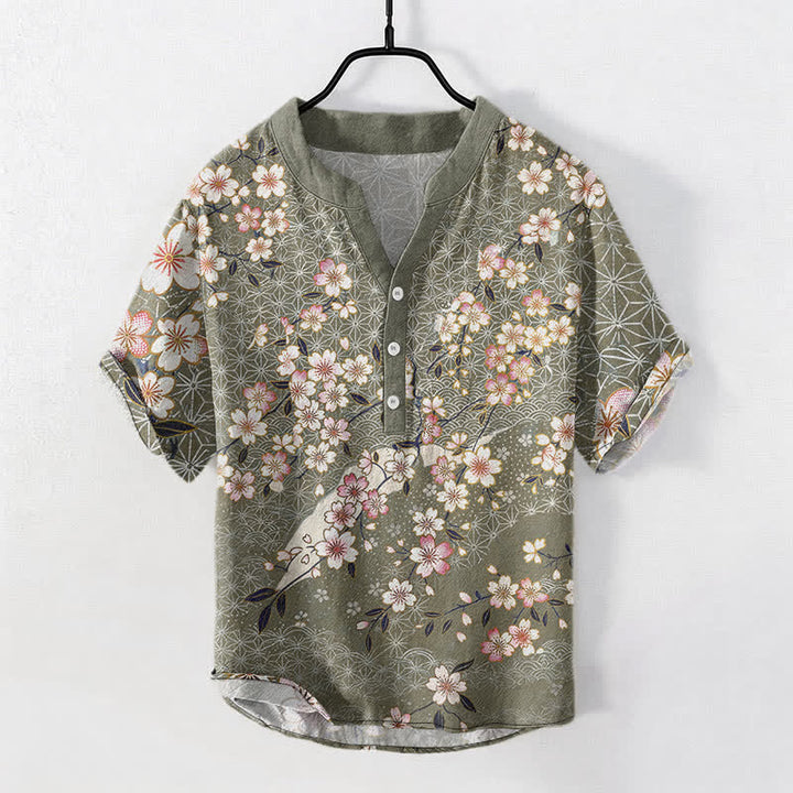 Buddha Stones Chemise homme à manches courtes et demi-boutons, motif géométrique de fleurs de cerisier en coton - Vert foncé - US/UK/AU50，EU60 (5XL) - image 7