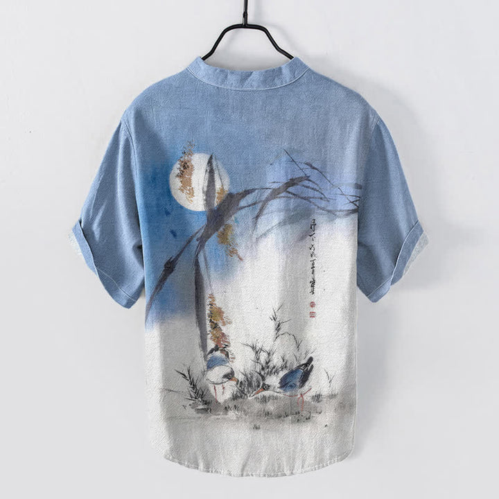 Buddha Stones Chemise à manches courtes pour homme, motif oiseau de lune, encre coton - image 1