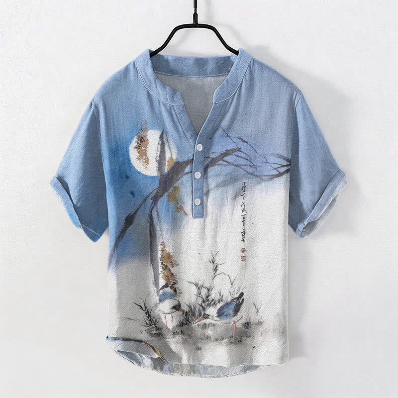 Buddha Stones Chemise à manches courtes pour homme, motif oiseau de lune, encre coton - Bleu clair - US/UK/AU50，EU60 (5XL) - image 0