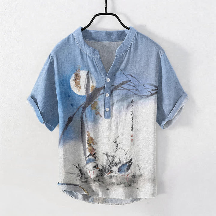 Buddha Stones Chemise à manches courtes pour homme, motif oiseau de lune, encre coton - Bleu clair - US/UK/AU50，EU60 (5XL) - image 0
