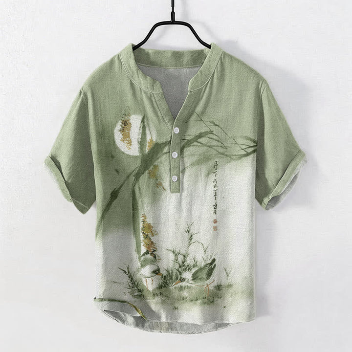 Buddha Stones Chemise à manches courtes pour homme, motif oiseau de lune, encre coton - Vert clair - US/UK/AU50，EU60 (5XL) - image 3
