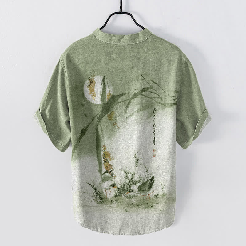 Buddha Stones Chemise à manches courtes pour homme, motif oiseau de lune, encre coton - image 4