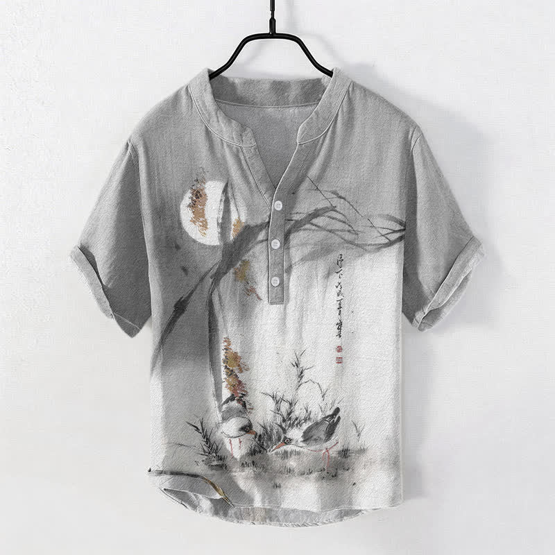 Buddha Stones Chemise à manches courtes pour homme, motif oiseau de lune, encre coton - Gris clair - US/UK/AU50，EU60 (5XL) - image 5