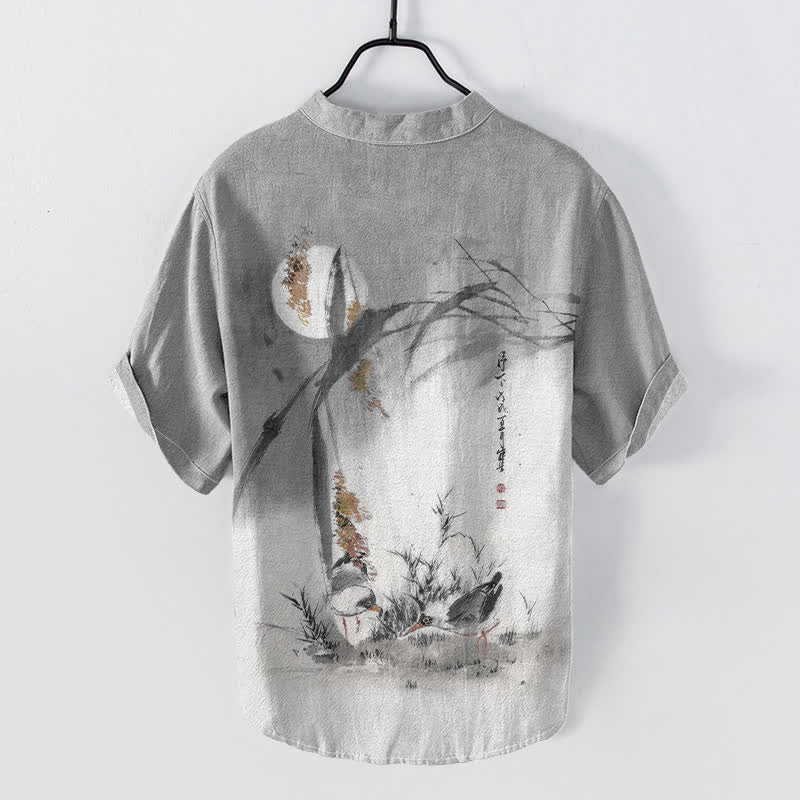Buddha Stones Chemise à manches courtes pour homme, motif oiseau de lune, encre coton - image 6