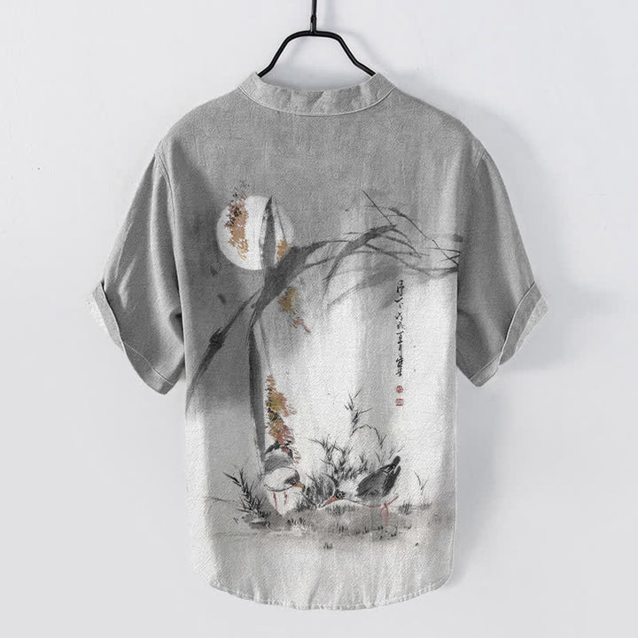 Buddha Stones Chemise à manches courtes pour homme, motif oiseau de lune, encre coton - image 6