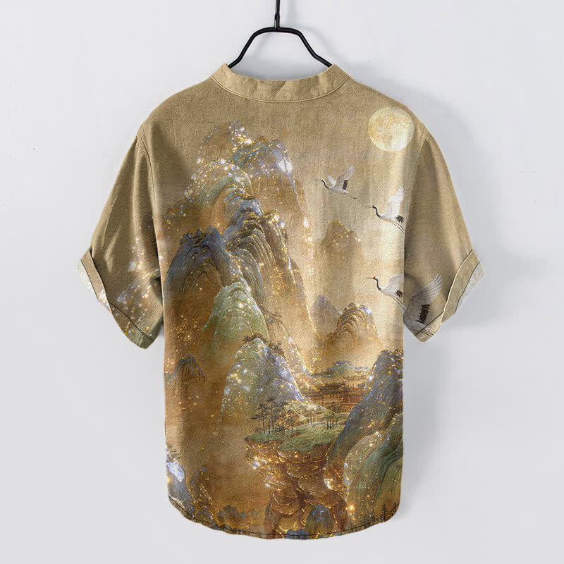 Buddha Stones Chemise à manches courtes pour homme en coton, motif grue et lune - image 1