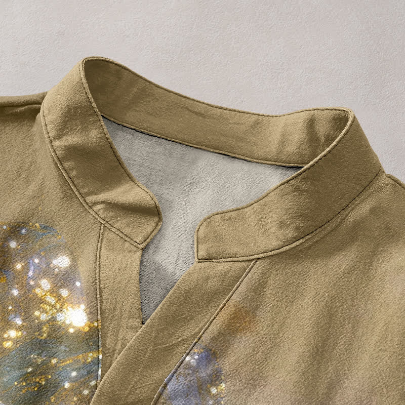 Buddha Stones Chemise à manches courtes pour homme en coton, motif grue et lune - image 2
