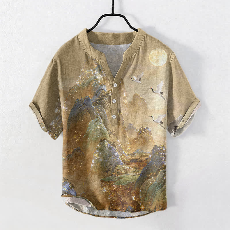 Buddha Stones Chemise à manches courtes pour homme en coton, motif grue et lune - DarkKhaki - US/UK/AU50，EU60 (5XL) - image 0