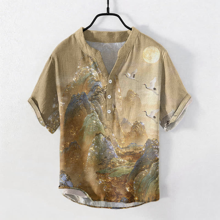 Buddha Stones Chemise à manches courtes pour homme en coton, motif grue et lune - DarkKhaki - US/UK/AU50，EU60 (5XL) - image 0