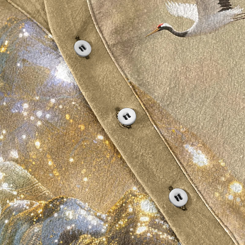 Buddha Stones Chemise à manches courtes pour homme en coton, motif grue et lune - image 3