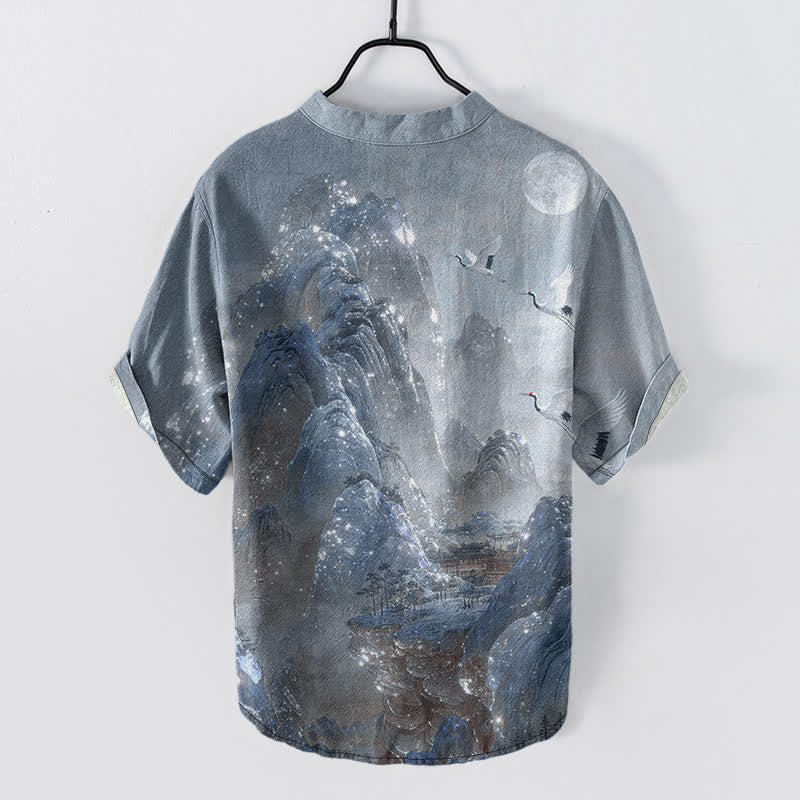 Buddha Stones Chemise à manches courtes pour homme en coton, motif grue et lune - image 6