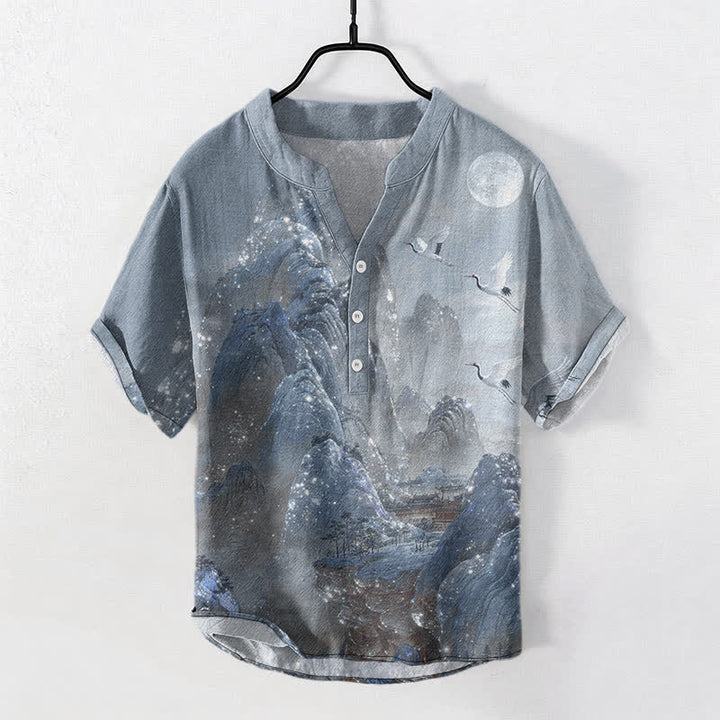 Buddha Stones Chemise à manches courtes pour homme en coton, motif grue et lune - Bleu acier clair - US/UK/AU50，EU60 (5XL) - image 5