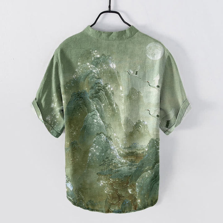 Buddha Stones Chemise à manches courtes pour homme en coton, motif grue et lune - image 8