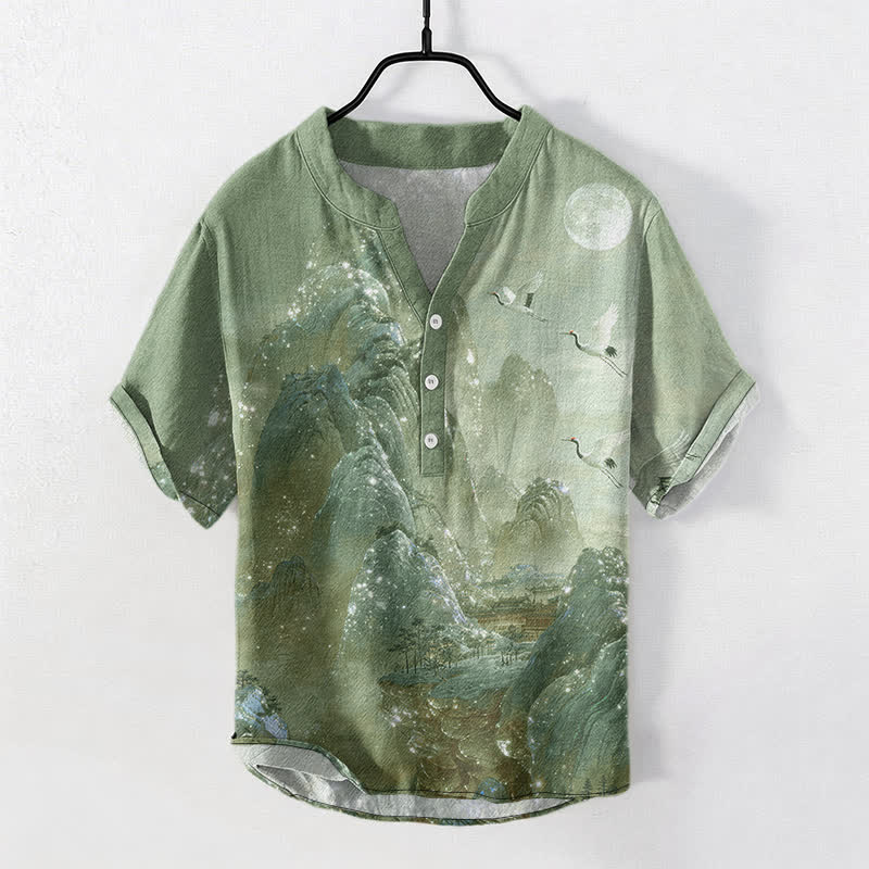 Buddha Stones Chemise à manches courtes pour homme en coton, motif grue et lune - Vert clair - US/UK/AU50，EU60 (5XL) - image 7