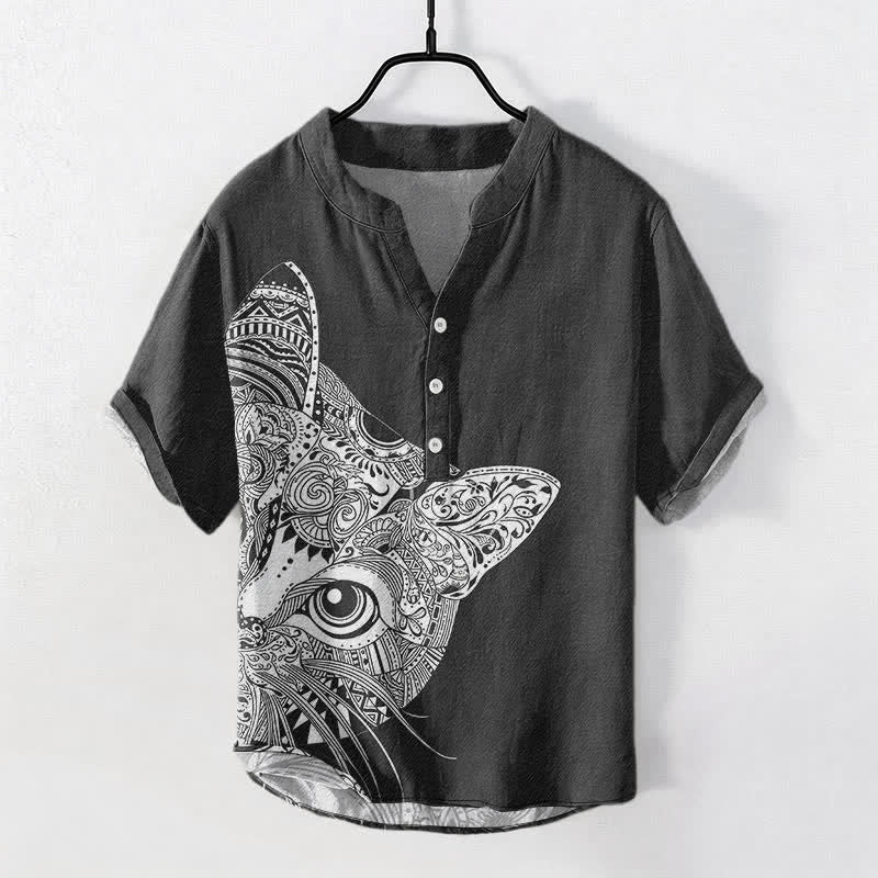 Buddha Stones Chemise à manches courtes et demi-boutonnée pour homme, en coton à motif tribal de tête de chat - Noir - US/UK/AU50，EU60 (5XL) - image 0