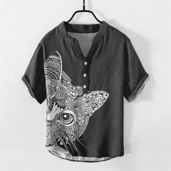 Buddha Stones Chemise à manches courtes et demi-boutonnée pour homme, en coton à motif tribal de tête de chat - Noir - US/UK/AU50，EU60 (5XL) - image 0